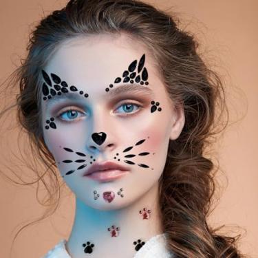 Imagem de Gemas de rosto de gato - joias de strass rosa e preto para Halloween, adesivos falsos de cílios olho de gato para festas à fantasia, adesivos de maquiagem autoadesivos para homens, mulheres e crianças