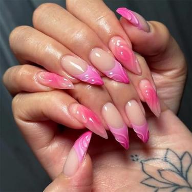 Imagem de Kit de unhas prensadas em forma de amêndoa unhas postiças rosa francês médio com design de onda de água 3D capa completa prensa acrílica artificial bastão falso em unha para mulheres manicure 24 peças