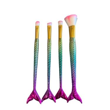 Imagem de Kit de Pincéis de Maquiagem Sereia com 4 Peças, Cerdas Macias, Design Ergonômico, Cores Sortidas, para Aplicação de Base e Sombras (Rosa e Verde)