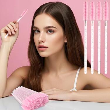 Imagem de 50 varinhas de rímel descartáveis, pincel de sobrancelha de cristal para extensões de cílios, pincéis de cílios rosa (rosa)
