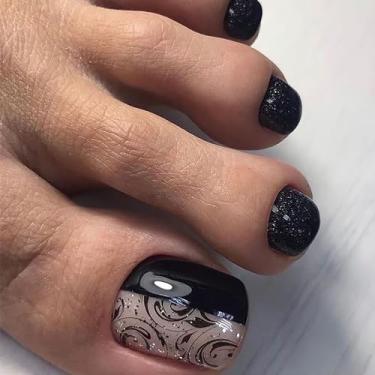 Imagem de Unhas postiças pretas de pressão nos dedos dos pés com design requintado cola acrílica nas unhas dos pés para mulheres, cobertura completa, falsa, bastão no dedo do pé para uso diário, manicure de