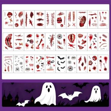 Imagem de 30 folhas de tatuagens temporárias de Halloween, feridas sangrentas falsas, ponto de cicatriz, crosta, corpo e rosto, adesivos de tatuagem à prova d'água para baile de máscaras, adereços de maquiagem