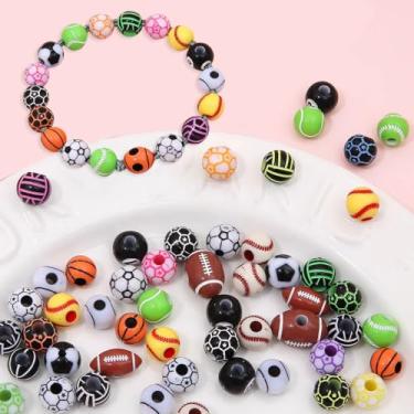 Imagem de 15 estilos de contas coloridas redondas de acrílico para basquete, tênis, vôlei, beisebol, rúgbi, futebol, para pulseira, colar, brinco, fabricação de joias, com 1 rolo de corda elástica e uma caixa