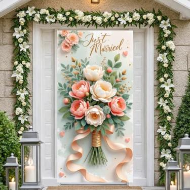 Imagem de Capa de porta de casamento recém casada verde decoração de banner de casamento romântico com rosas coração acentos decoração pano de fundo para chá de panela novo casal amor recepção festa de noivado