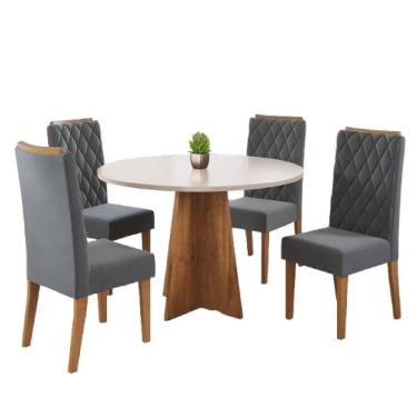 Imagem de Conjunto De Mesa Sala De Jantar Redonda 0,90m 4 Cadeiras Fin Veludo Viero Off White / Cinza