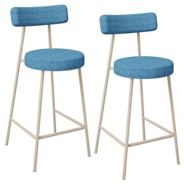 Imagem de Kit 02 Banquetas Baixa Cozinha Sala Jantar Bancada Milão Arena L02 Linho Azul - Lyam Decor