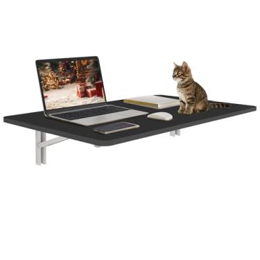 Imagem de Mesa dobrável preta montada na parede 80 x 50 cm, mesa dobrável de parede de madeira para espaços pequenos, mesa flutuante para cozinha, lavanderia ou escritório em casa, suportes de metal resistentes