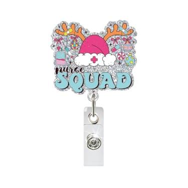 Imagem de Suporte de crachá de Natal QUNQINLI Carretéis de crachá de Natal com clipe para enfermeiras de enfermagem, chapéu de alce de Natal com glitter prateado, porta-crachás, retrátil, acrílico, jacaré, para