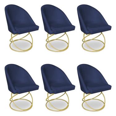 Imagem de Kit 06 Cadeiras Poltrona De Jantar Bela Suede Base Metálica Luxo Dourado - Pallazio Cor Azul Marinho