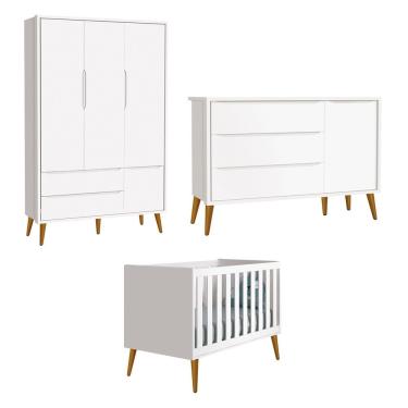 Imagem de Jogo De Quarto Para Bebê Completo 3 Portas Théo New Branco Fosco Com Madeira - Reller