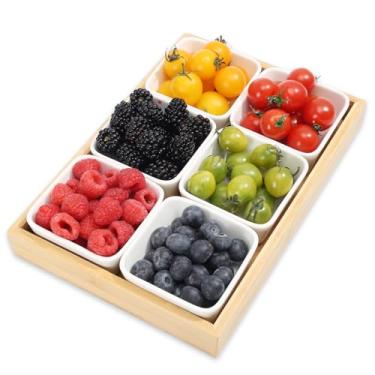 Imagem de Tigelas de lanche de cerâmica com conjunto de bandeja de bambu, tigelas e travessas divididas para hospedagem e festa, pratos de servir removíveis para batatas fritas e molhos, frutas, vegetais, doces