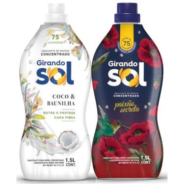 Imagem de Kit Amaciante Concentrado Girando Sol 1,5L Coco e Baunilha Paixão Secreta Vermelho Roupas Macias Cheiro Suave e Duradouro Rende 150 Lavagens
