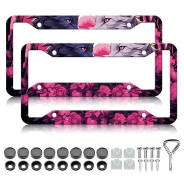 Imagem de Moldura de placa de licença Wolf - 2 peças personalizadas flores rosa lobo engraçado alumínio metal suporte de placa de carro, à prova de ferrugem, à prova de ferrugem, molduras decorativas para carro