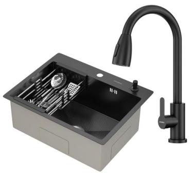 Imagem de Kit Cuba Gourmet Mônaco Preto Aço Inox 304 e Torneira Gourmet Roma Aço