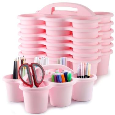 Imagem de Pacote com 6 suportes para sala de aula com alça de plástico, organizador de armazenamento com 6 compartimentos, porta-copos para bebidas, caixa de armazenamento portátil para lápis, giz de cera