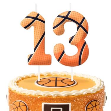 Imagem de Velas de aniversário número 13 de basquete, topo de bolo com tema de basquete para meninos e meninas, decorações de bolo para aniversários, suprimentos de festa com tema esportivo, velas para