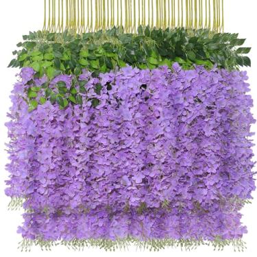 Imagem de Pacote com 50 flores artificiais para pendurar glicínias – guirlanda de plantas artificiais de videiras de glicínia sintética de 9 m para festa de casamento, varanda, quintal, varanda, jardim, pátio