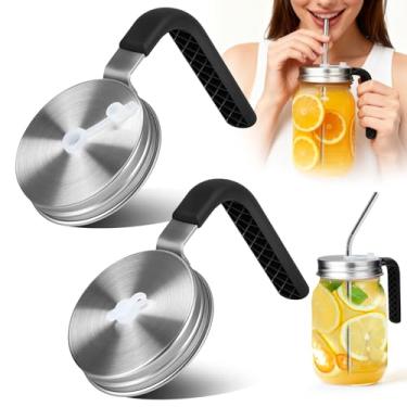 Imagem de Palksky Tampas de pote Mason com orifício de canudo e alça para frascos de boca regular, tampas resistentes a vazamentos com anéis de silicone extras, tampas de canudo para café gelado, limonada, suco