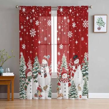 Imagem de Conjunto de cortinas transparentes de boneco de neve de Natal com 2 painéis de 153 cm de comprimento para sala de estar/quarto, floresta vermelha, pinheiro, rena, semi cortina, cortinas, cortinas com