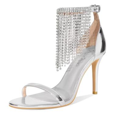 Imagem de GPXGPX Sandálias femininas de salto alto, bico aberto, com tiras de strass e tira no tornozelo, salto agulha cintilante, vestido de festa, casamento, sapatos, Prata, 35