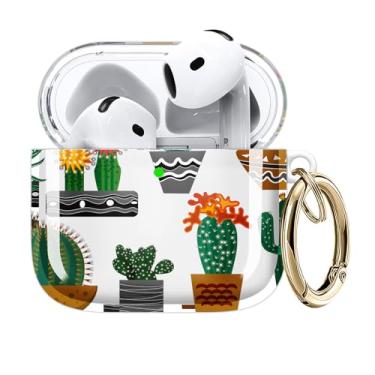 Imagem de Capa compatível com AirPods 4ª geração 2024, carregamento sem fio, à prova de choque, TPU macio transparente, amarelamento reduzido para AirPods 4, capas com chaveiro dourado (cactos e suculentas)