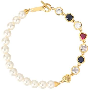 Imagem de Pulseira feminina banhada a ouro com pérola e zircônia, joia delicada com cristais multicoloridos, presente elegante para qualquer celebração