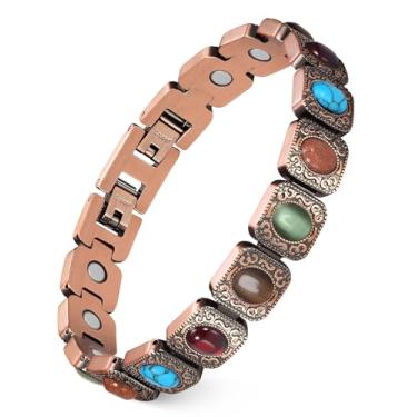 Imagem de Feraco Pulseiras de cobre puro para mulheres, pulseira magnética ultra forte com ímãs de 3800 gauss e turquesa natural e pedras, ajustável, joia de presente, 8.66 inches (22 cm), Cobre, Sem Pedra