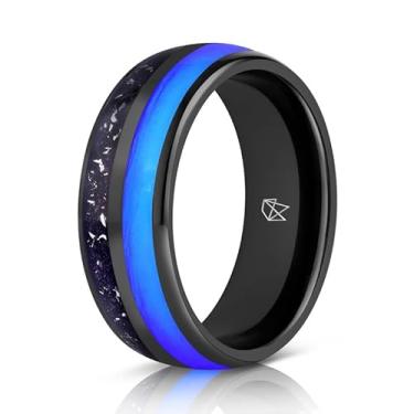 Imagem de Anel de meteorito brilhante EMBR – Anel de carboneto de tungstênio de 8 mm com meteorito Nantan genuíno, incrustação luminosa e luz UV – Anel polido de ajuste confortável para casamento, aniversário