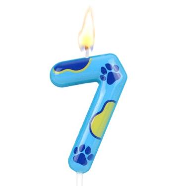 Imagem de Vela Aniversário com Tema Pata de Cão Azul, Fofa Estampado Pata Cão Vela com Número para Bolo Aniversário Decoração Topo Bolo para Menino e Menina (Número 7)