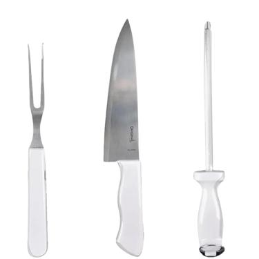 Imagem de Kit Churrasco 3 Peças, Faca Trinchante come Garfo em Aço Inox, Cabo Branco, 30cm x 2,5cm