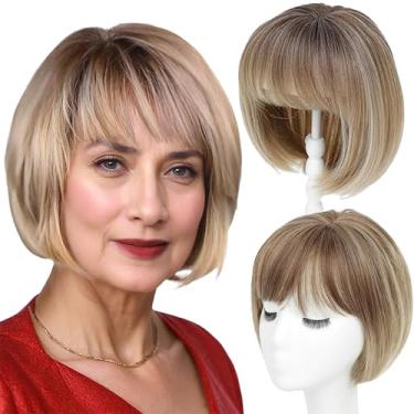 Imagem de CROWN GUIDE Short Bob Hair Toppers for Women Thinning Hair 25 cm - 360° Capa 3D com franja fina para mulheres, peruca sintética com franja - Ombre marrom claro a loiro