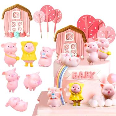 Imagem de Decoração de bolo de porco rosa topo de bolo porquinho miniatura estatuetas de porquinho decoração de bolo animais de fazenda topo de bolo porco artigos de festa de aniversário