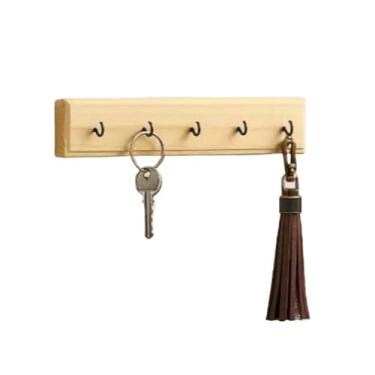 Imagem de Porta Chaves Claviculário Rústico de Madeira com Gancho Suporte(Natural)