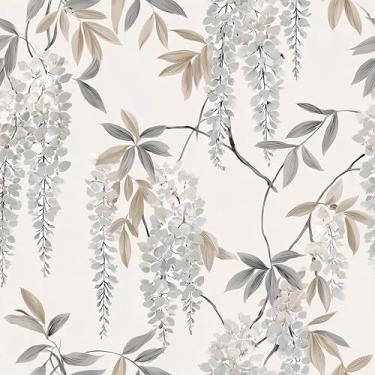 Imagem de MAGAFA Papel de parede removível autoadesivo de flores e folhas de glicínia papel de contato amigável para locatário para quarto e banheiro forro de prateleira 45 x 300 cm