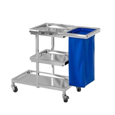 Imagem de TRGCJGH Carrinho utilitário de limpeza comercial de aço inoxidável, carrinho de limpeza doméstica de 3 prateleiras, com rodas e saco de vinil de 14 galões (M, azul)