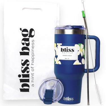 Imagem de Garrafa BLISS de 1,13 l – Copo isolado de aço inoxidável com alça, tampa de bloqueio, canudo, 2 pontas de silicone, saco de tecido, à prova de derramamentos, caneca de viagem compatível com