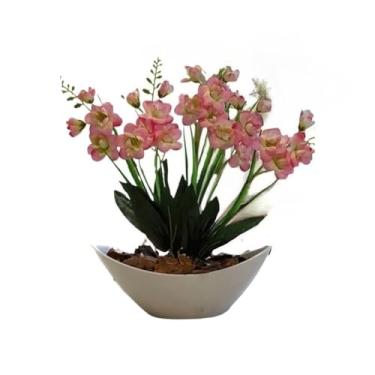 Imagem de Arranjo de Orquídea Artificial Phalaenopsis com Vaso Côncavo Branco e Casca Polida - Decoração Sofisticada para Ambientes Internos(Rosa Escuro1)