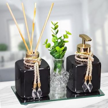 Imagem de Kit Lavabo Banheiro com Aromatizador e Saboneteira 300ml Bandeja Luxo com Vasinho Decorativo(Pet Preto com Ouro)