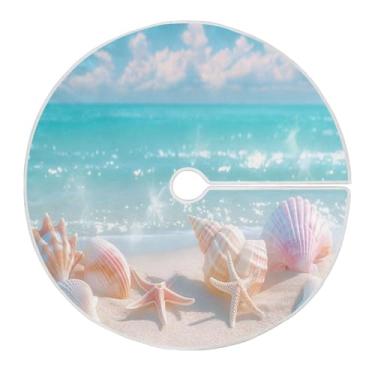 Imagem de Blueangle Saia de árvore de Natal com conchas na praia de 90 cm – poliéster macio e resistente a rugas, decoração de férias para festas de Natal, árvore festiva e decoração de casa (15)