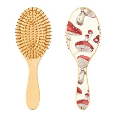 Imagem de SEHANY Escova de cabelo de madeira Forest Mushroom para mulheres e homens, escovas de cabelo de cabeça redonda, escova de cabelo para massagem do couro cabeludo suave e desembaraçadora para todos os