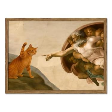 Imagem de Criação engraçada de arte de parede de Adão e gato, pintura de decoração de parede peculiar gato e Deus Michelangelo e animal impressão em tela para quarto sala de estar 40 x 61 cm moldura de madeira