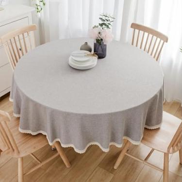 Imagem de Wuluwala Toalha de mesa redonda de tecido decorativo de cor sólida de 122 cm, toalha de mesa de linho de algodão com acabamento em renda, resistente a manchas, capa de mesa de jantar para cozinha