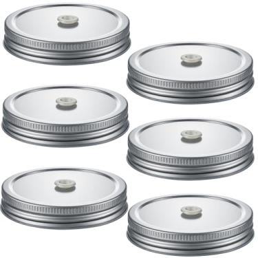 Imagem de 6 peças de tampas de pote de vidro com orifício de palha, tampa de pote de pedreiro de boca regular, tampas de canudo de aço inoxidável de 6 cm, tampas reutilizáveis de conservas premium para beber
