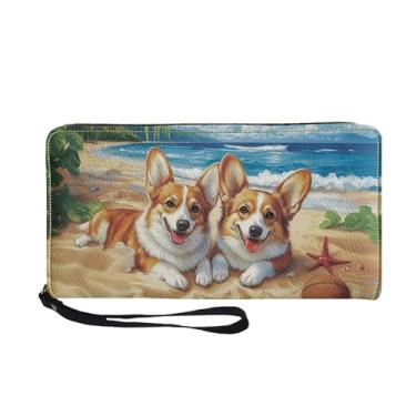 Imagem de Sktodyaw Carteira longa com alça de pulso para mulheres couro PU grande capacidade porta-cartões organizador bolsa de viagem com zíper, Bola de estrela do mar Corgi Dog Beach, One Size
