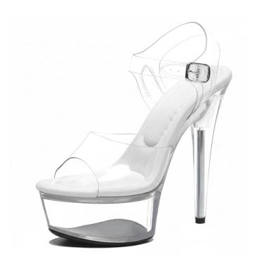 Imagem de WUXIN H&P Sandália feminina de salto alto transparente plataforma de 15 cm com tira no tornozelo sexy stiletto Pole Dance, Branco, 41