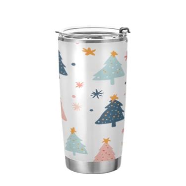 Imagem de YETTASBIN Copo de árvore de Natal com tampa de palha, copo de aço inoxidável de 590 ml, parede dupla, isolada a vácuo, caneca de café de viagem para bebidas quentes e frias
