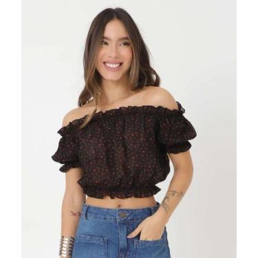 Imagem de Blusa Cropped Ciganinha Estampado Feminina Marisa-15737, Preto, P