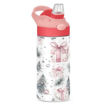 Imagem de YETTASBIN Garrafa de água de árvore de Natal para crianças, 340 g, à prova de vazamento, parede dupla, isolada, copo de viagem com tampa de canudo para meninas, meninos e crianças
