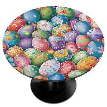 Imagem de cfpolar Toalha de mesa redonda com borda elástica colorida flor de ovo de Páscoa capa de mesa redonda à prova d'água limpa para mesa de jantar, cozinha ao ar livre, almofadas de decoração de pattry