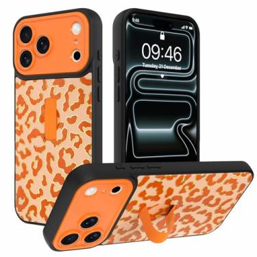 Imagem de AIGOMARA Capa para iPhone 17 Pro com alça de dedo suporte padrão leopardo design TPU macio amortecedor rígido PC traseiro anti-queda à prova de choque capa fina suporte protetor - laranja